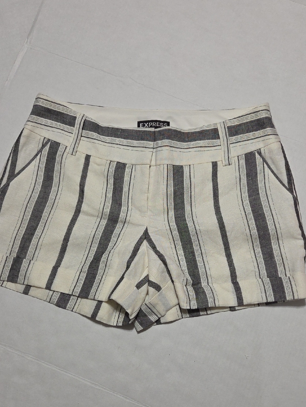 Express Cream and Gray Vertical Stripe Linen-Blend Shorts